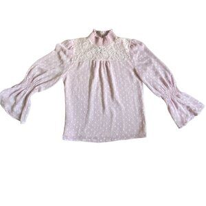 Promesa High Neck Textured Blouse With Bell Sleeve-Dusty Pink-Size Small-GUC